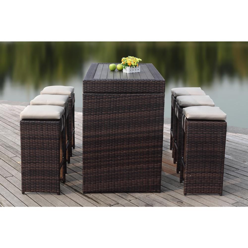 Brown and Sand Six-Seater Outdoor Rattan Bar Set