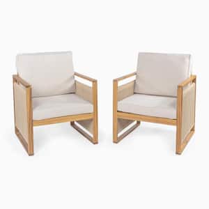 Gable Mid-Century Modern Roped Acacia Wood Outdoor Patio Chair Beige/Light Teak with Cushions (Set of 2)
