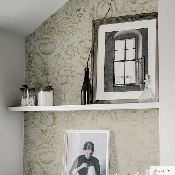 Metallic Vintage Gold Homestead Floral Vinyl Peel and Stick Wallpaper Roll (Covers 28 sq. ft.)