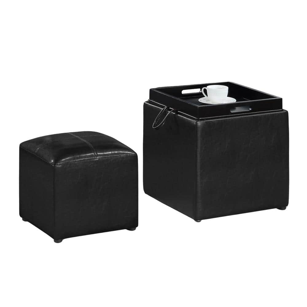 Black Faux Leather Ottoman with Reversible Tray and Storage
