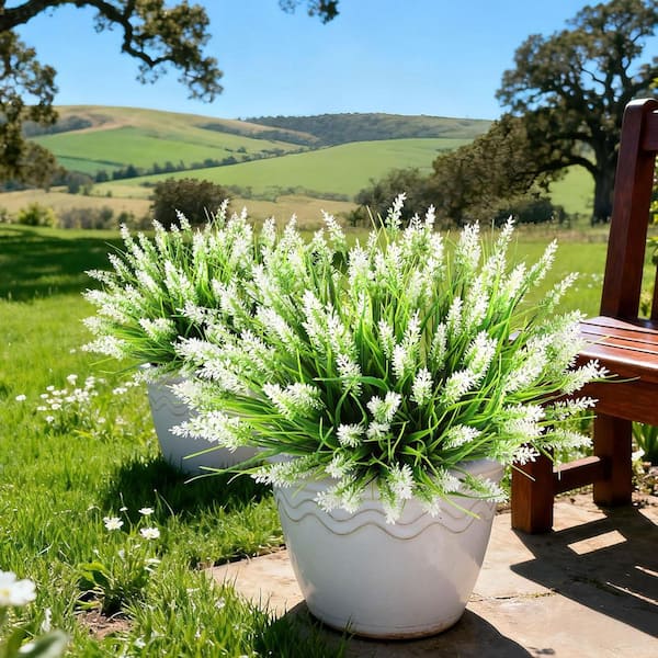 13 in. White Indoor/Outdoor Artificial Lavender Flowers Fake Silk