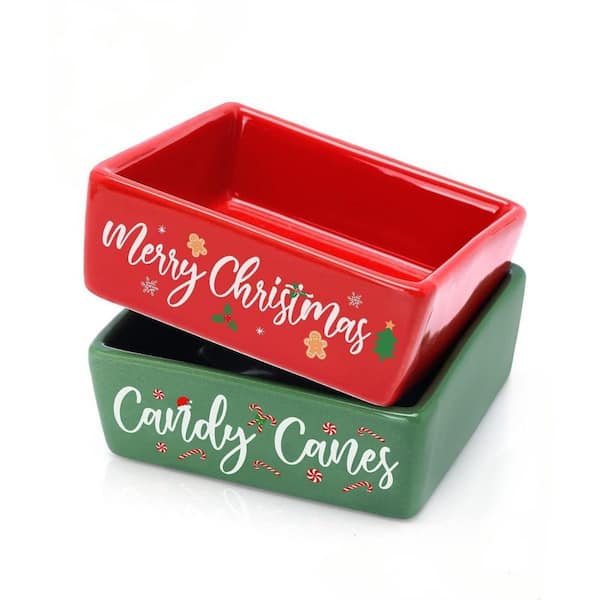 2.5 in. 4.9 fl. oz. Green and Red Ceramic Candy Bowl for Table Christmas Tiered Tray Decor (Set of 2)