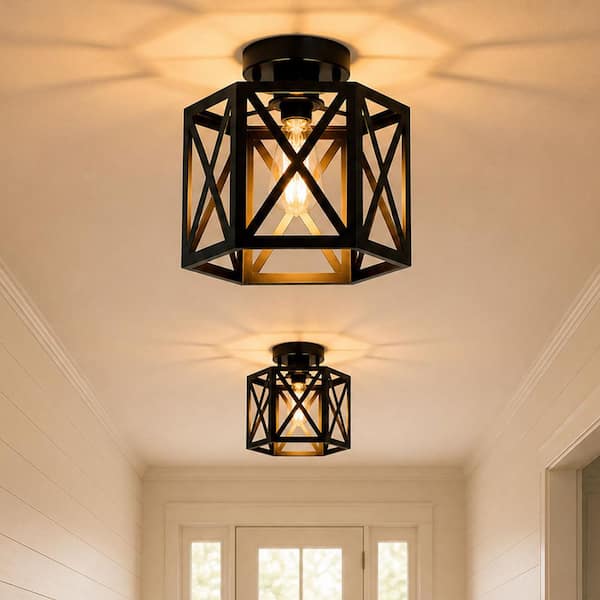 8 in. 1-Light Matte Black Industrial Semi Flush Mount Ceiling Light, Metal Cage Farmhouse Light for Entryway, Hallway