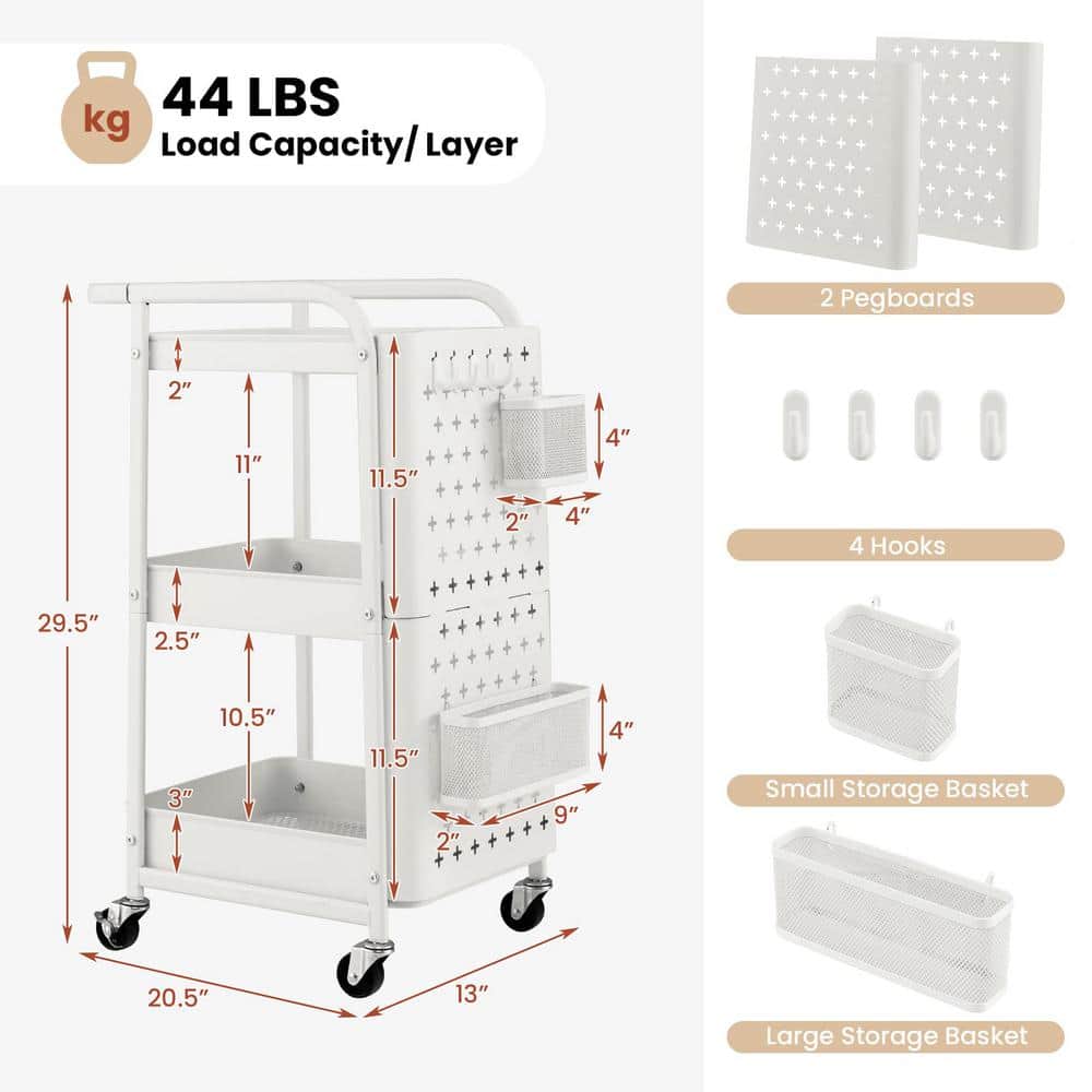 White Powder-Coated Carbon Steel 3-Tier Utility Storage Cart with Pegboard Baskets