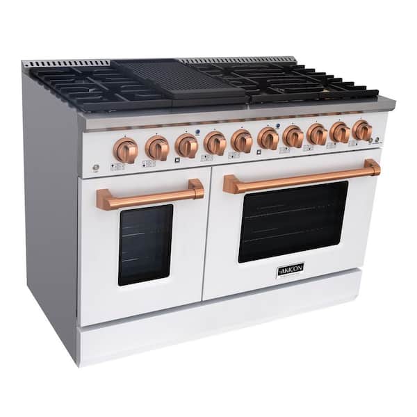 48 in. 6.7 cu. ft. Freestanding Double Oven Gas Range with 8-Burner, Griddle, Cast Iron Grates, in White with Copper