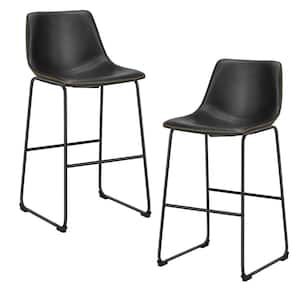 30 in. Black Low Back Metal Frame Counter Height Bar Stool with Faux Leather Seat (Set of 2)