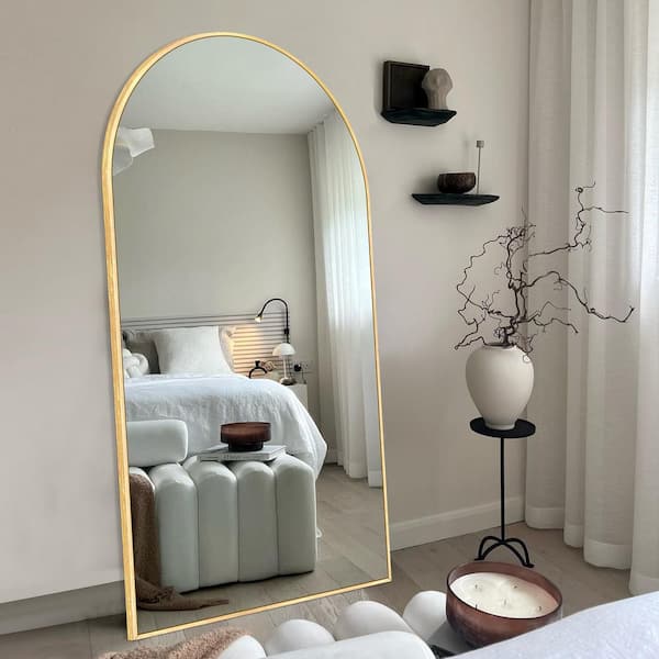 28 in. W x 71.1 in. H   Arched Gold Aluminum Frame Oversized Classic Wall Mount Floor Mirror