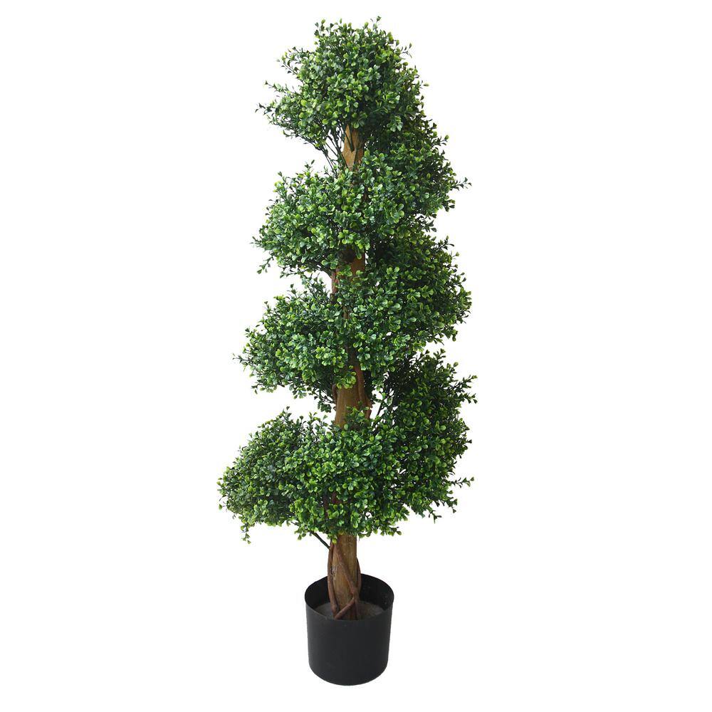 48-inch Green Plastic Boxwood Spiral Topiary Tree in Black Pot