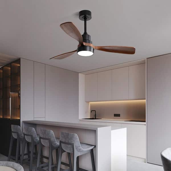 48 in.Indoor Black Ceiling Fan DC 3 Solid Wood Fan Blade Noiseless Reversible Motor Remote Control With Light