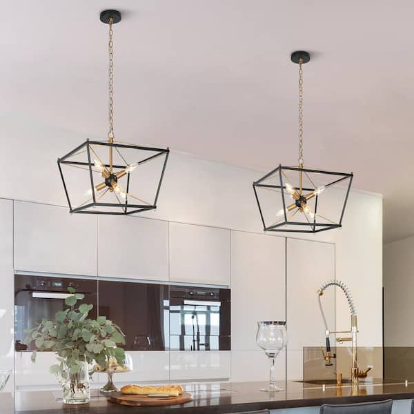 Modern Farmhouse 6-Light Black Caged Chandelier, 15.5 in. Brass Sputnik DIY Pendant Hanging Light for Dining Room, Foyer