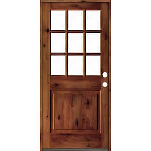 36 in. x 80 in. Rustic Knotty Alder Clear Low-E Glass 9-Lite Red Chestnut Stain Left Hand Single Prehung Front Door