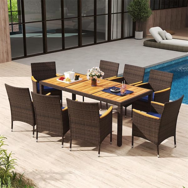 9-Pieces Outdoor Patio Dining Set for 8 Outdoor Rectangular Acacia Wood Table and PE Rattan Chairs with Cushion Navy