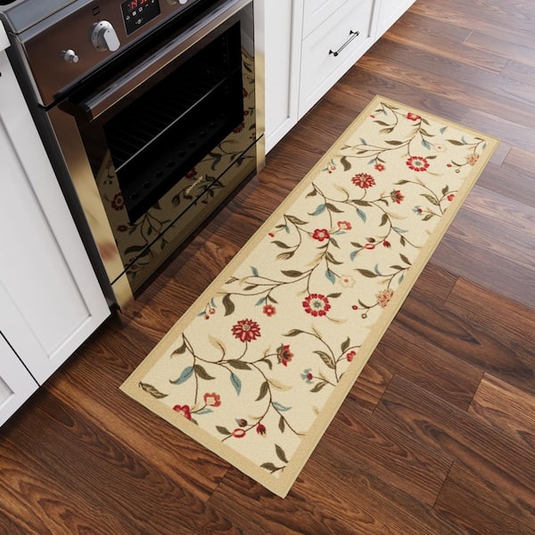 Ottohome Collection Non-Slip Rubberback Floral Leaves 2x5 Indoor Runner Rug, 1 ft. 8 in. x 4 ft. 11 in., Beige