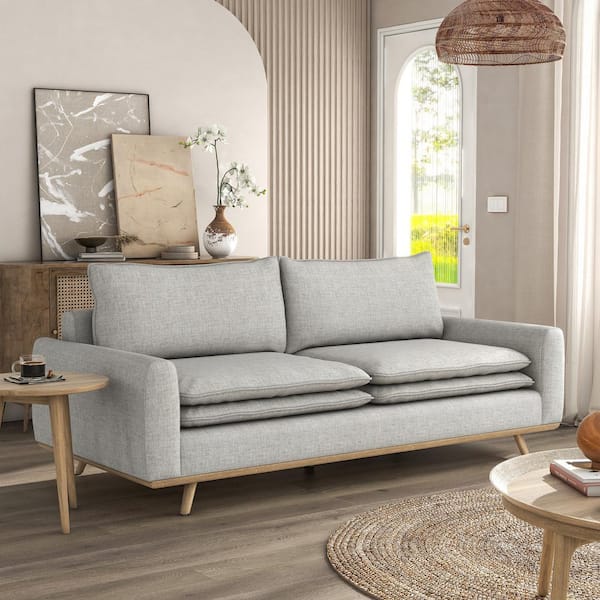 Furniture of America Kasi 82 in. Round Arm Cotton Linen Blend Straight Sofa in Oak/Light Gray with Feather Blend