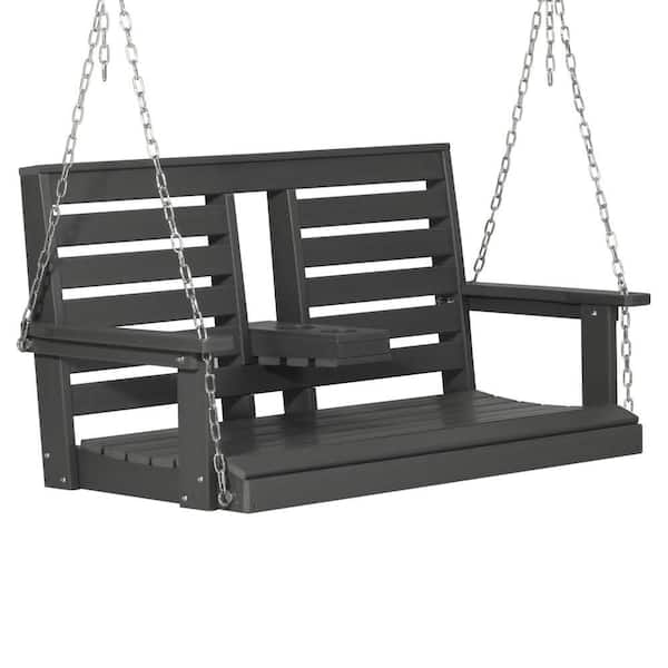 Nashville Poly 2-Person 54 in. Plastic Outdoor Patio Porch Swing w/ Folding Cup Holder, Gray