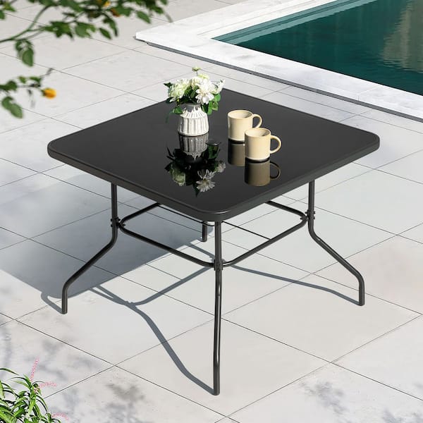 Black Square Metal Outdoor Dining Table with Umbrella Hole and Tempered Glass Tabletop