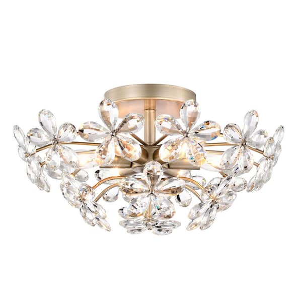 Jojospring Teresa 17.7 in. 6-Light Brushed Silver-ish Champagne Flower Crystal Flush Mount with No Bulbs Included