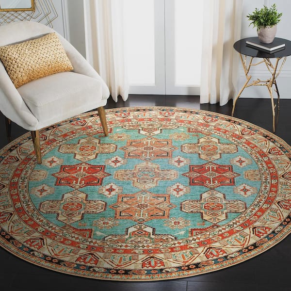 Ottoman Turquoise Medallion 6 ft. Round Washable Area Rug
