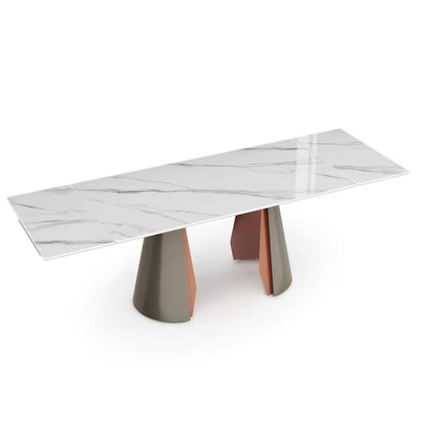 J&E Home White Marble Top 94.4 in. Pedestal Extendable Dining Table Seats 10+ with Electroplated Stainless Steel Trumpet Base