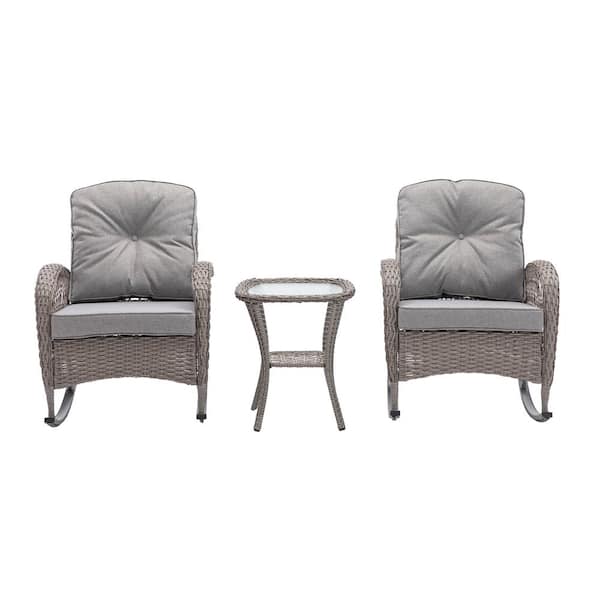Unbranded Modern Gray 3-Piece Wicker Rocking Outdoor Bistro Set with Gray Cushion