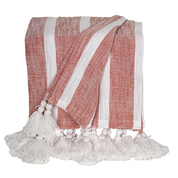 HomeRoots Rust Striped Cotton Throw Blanket