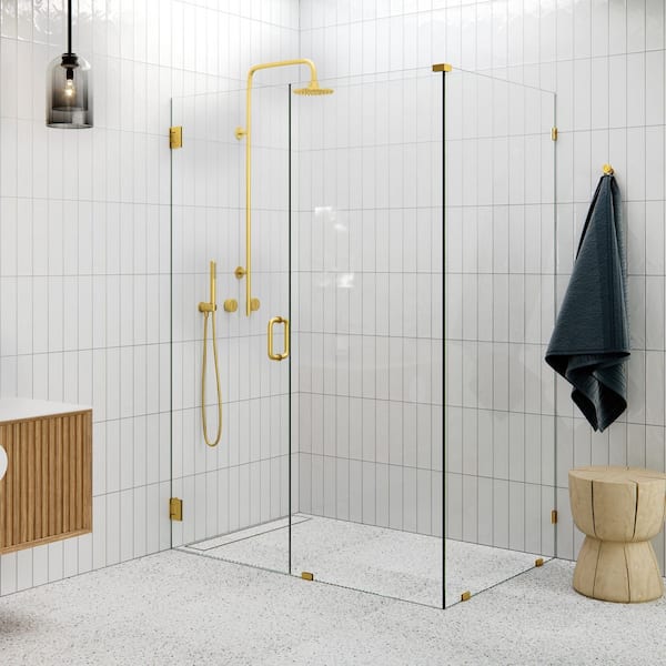 54 in. W x 38 in. D x 78 in. H Pivot Frameless Corner Shower Enclosure in Satin Brass Finish with Clear Glass