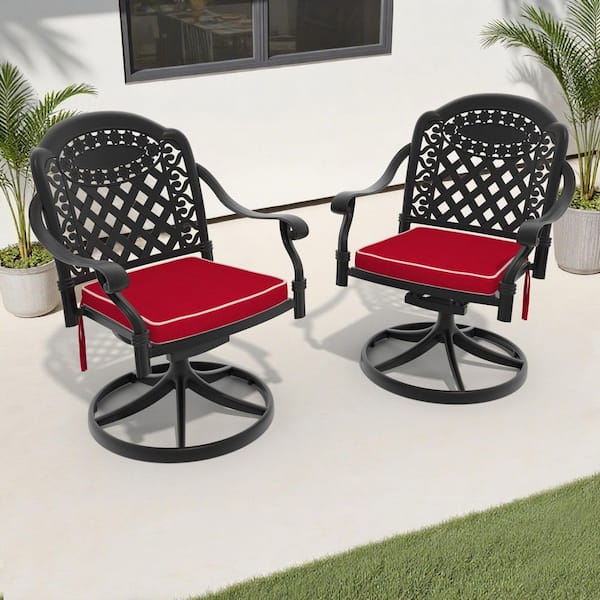 Black Cast Aluminum Swivel Rocker Outdoor Patio Dining Chairs with Red Cushions(2-Pack)