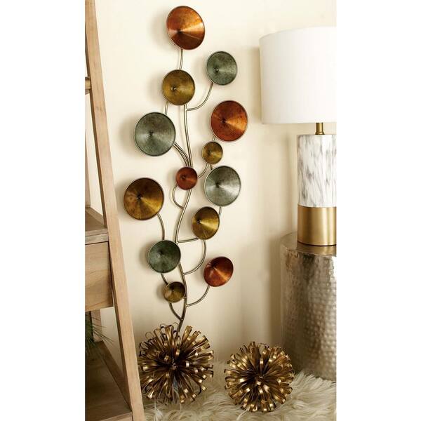 Litton Lane 16 in. x 40 in. Modern Iron Discs and Lines Wall Decor in Gold, Iron Gray and Turquoise