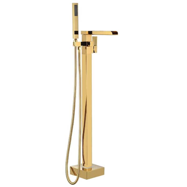 AKLFGN Waterfall Single-Handle Floor Mount Freestanding Tub Faucet Bathtub Filler with Hand Shower in. Polish Gold