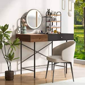 1-Drawer Black Makeup Vanity Table Wooden Dressing Desk with 3-Mode Lighted Mirror, Wireless Charging Station, 3 Shelves