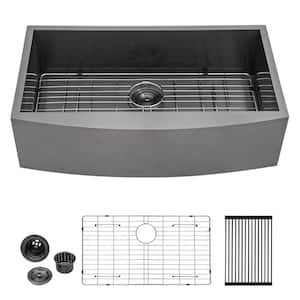 Apron Front 30 in. x 21 in. Stainless Steel Single Bowl Farmhouse Kitchen Sink with Sink Grid, Gunmetal Black