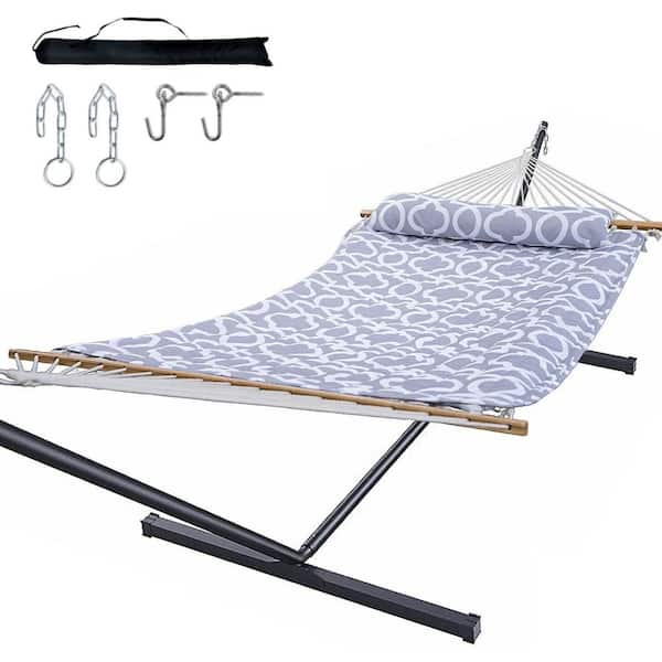 12 ft. Double Hammock with Stand for Outdoor, 2-Person Hammock with Detachable Pillow, White