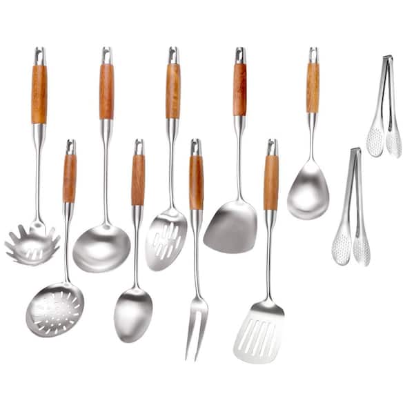 11-Piece Stainless Steel Cooking Utensil and Tool Set with Heat Resistant Rosewood Handles
