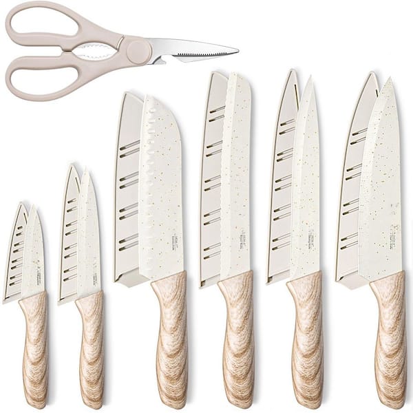 13-Piece Stainless Steel Knife Set with Ceramic Coating and 6 Blade Guards, Dishwasher Safe Knives with Wooden Handle