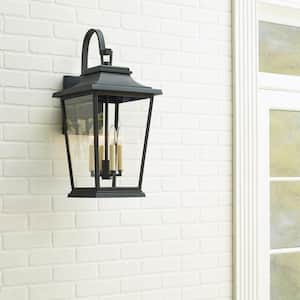 Warren 12 in. Large 4-Light Textured Black Outdoor Wall Mount Lantern with Clear Glass Panels