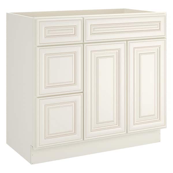 HOMEIBRO 36 in. W x 21 in. D x 34.5 in. H Plywood Ready to Assemble Bath Vanity Cabinet Without Top 3-Drawers in Cameo White