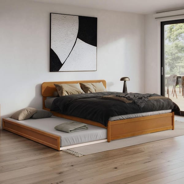 AFI Capri Light Toffee Natural Bronze Solid Wood Frame Queen Platform Bed with Panel Footboard and Twin XL Trundle