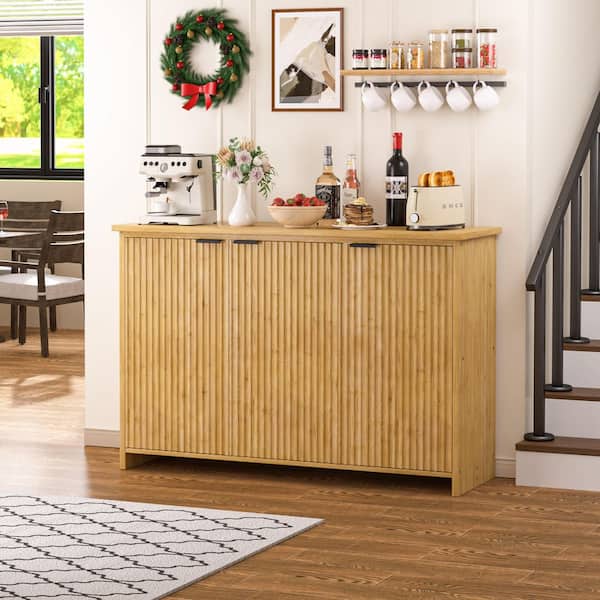 47.4 in. W Bamboo Sideboard Buffet, Dining Table, Accent Storage Cabinet with Fluted Doors, Yellow