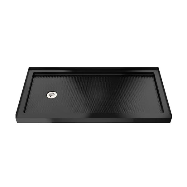 SlimLine 60 in. L x 34 in. W Alcove Rectangular Black Shower Pan Base with 2 in. Round Left Drain in Polished Nickel
