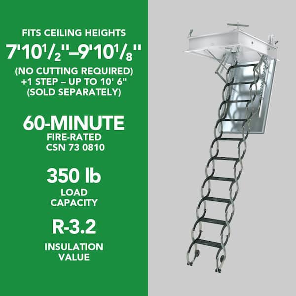 LSF Fire-Rated Steel Scissor Attic Ladder 7 ft. 11 in. - 9 ft. 10 in., 25 in. x 47 in. with 350 lb. Load Capacity