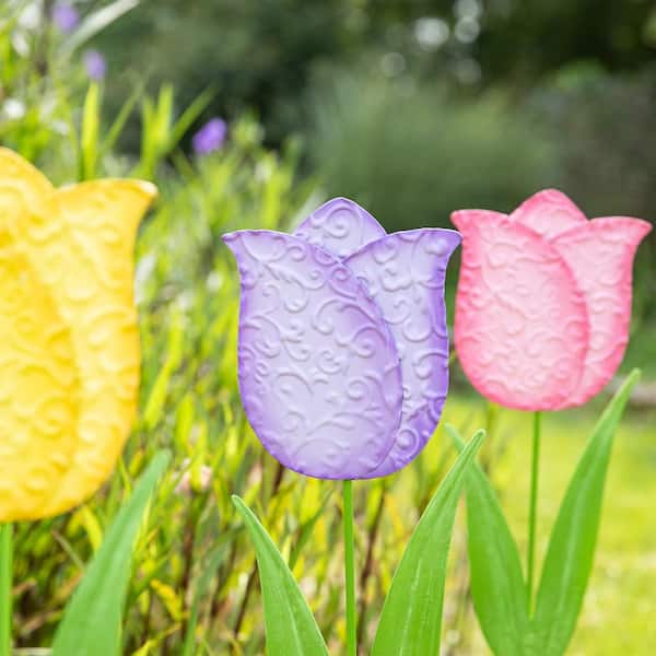 Glitzhome Set of 3 24 in.H Easter Metal Tulips Yard Stake (KD