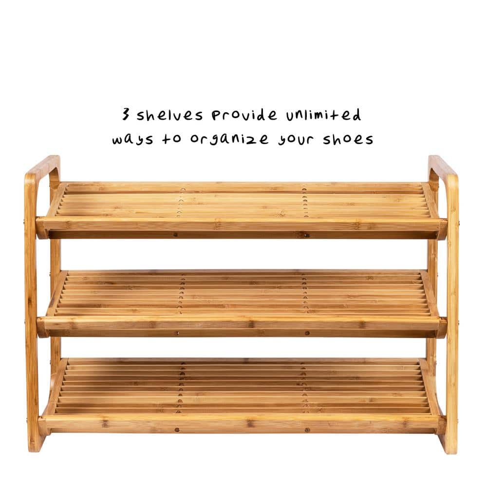 Natural Bamboo 3-Tier Shoe Rack with Slatted Shelves