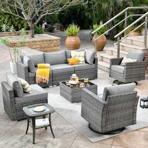 Sanibel Gray 8-Piece Wicker Outdoor Patio Conversation Sofa Set with Swivel Rocking Chairs and Dark Gray Cushions