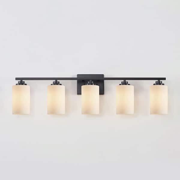 KAWOTI 35 in. 5-Light Black Vanity Light with Frosted Glass Shade
