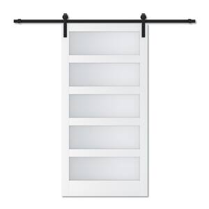 42 in. x 84 in. 5 Equal Lites with Frosted Glass White MDF Interior Sliding Barn Door with Hardware Kit