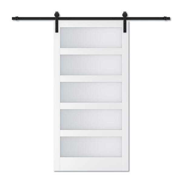 ARK DESIGN 42 in. x 84 in. 5 Equal Lites with Frosted Glass White MDF Interior Sliding Barn Door with Hardware Kit