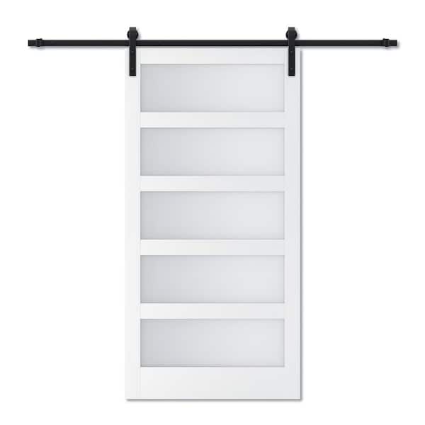 ARK DESIGN 48 in. x 84 in. 5 Equal Lites with Frosted Glass White MDF Interior Sliding Barn Door with Hardware Kit