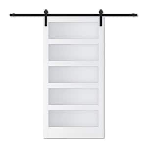 48 in. x 84 in. 5-Equal Lites with Frosted Glass White MDF Interior Sliding Barn Door with Hardware Kit with Soft Close