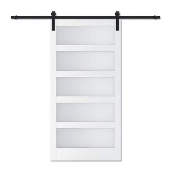 ARK DESIGN 48 in. x 84 in. 5-Equal Lites with Frosted Glass White Sliding Barn Door with Soft Close and Hardware Kit