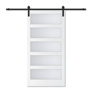 48 in. x 84 in. 5 Equal Lites with Frosted Glass White MDF Interior Sliding Barn Door with Hardware Kit